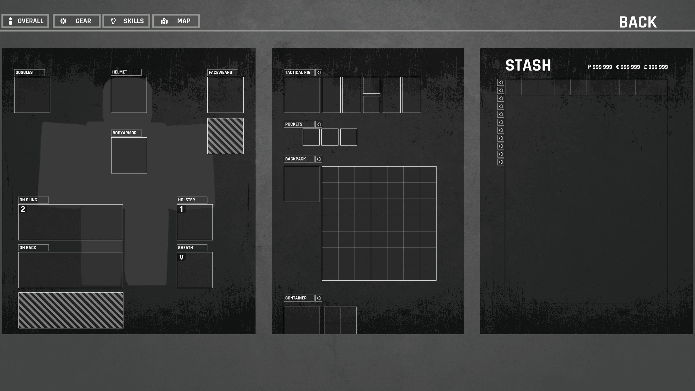 Tactical loadout screen with character equipment slots, tactical rig and backpack grids, and a stash panel with three currency counters