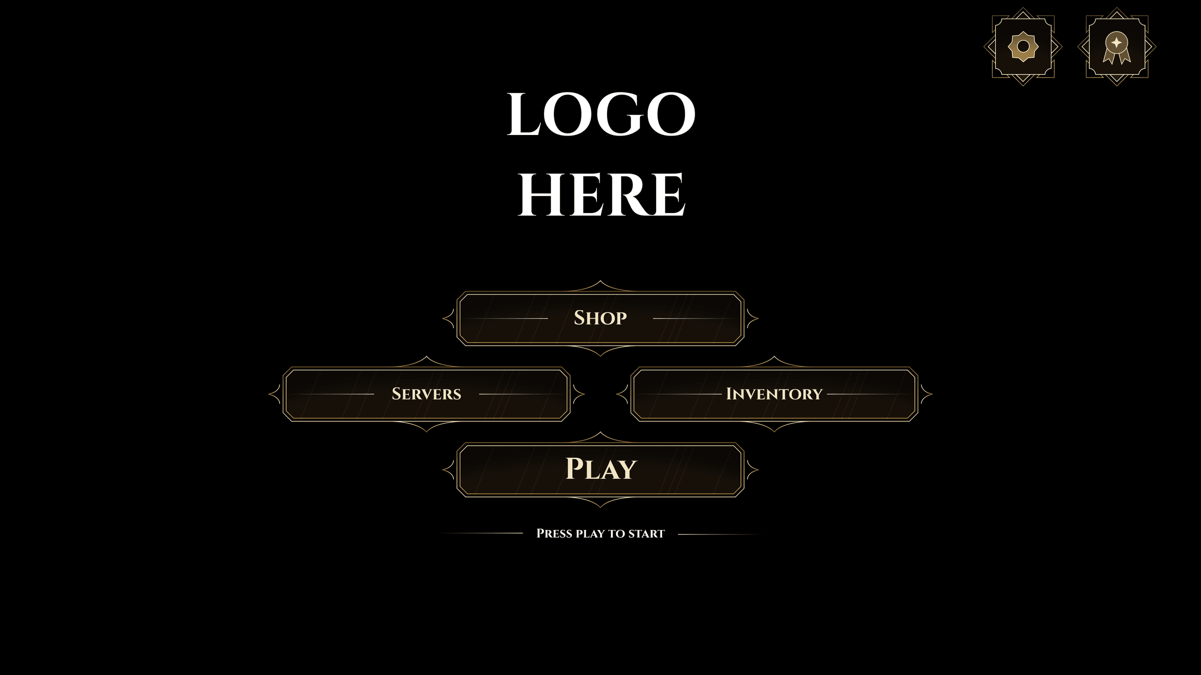 Art deco main menu with Shop, Servers, Inventory and Play buttons around a centred logo lockup